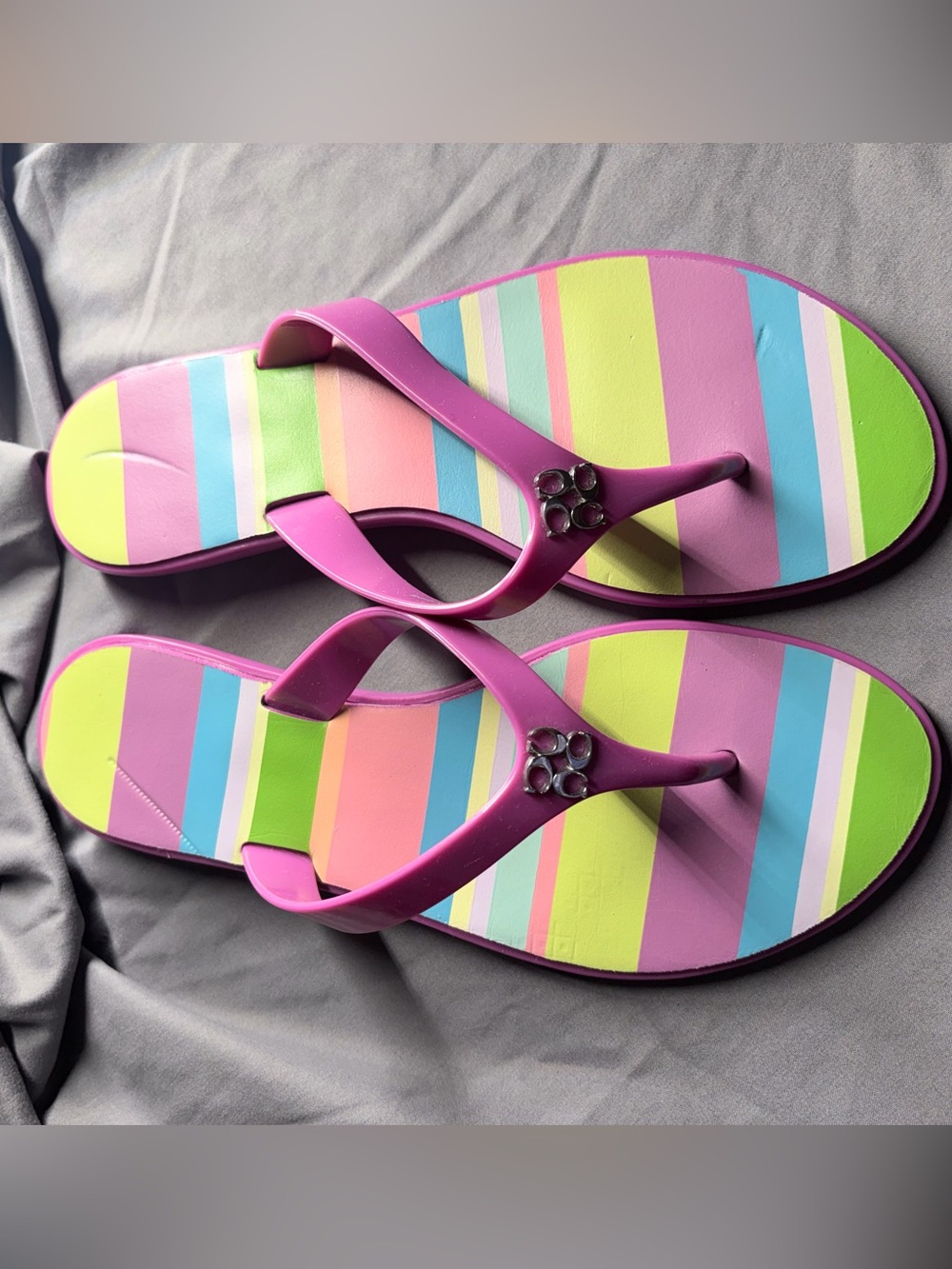 Coach Trixie Stripe Magenta Pink Jelly Flip Flops Sandals